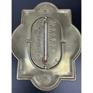 Gothic Revival Brass Wall Thermometer 20th Century With Swiveling Plate Vintage